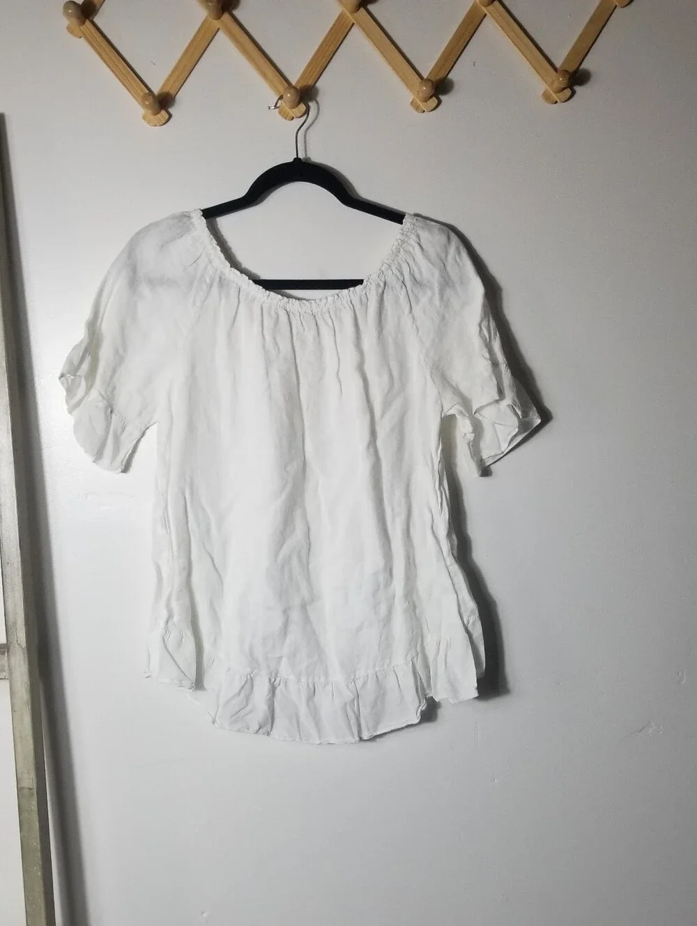 TERZO MILLENNIO LINEN WHITE RUFFLED OFF-SHOULDER WOMEN'S BLOUSE SIZE LARGE
